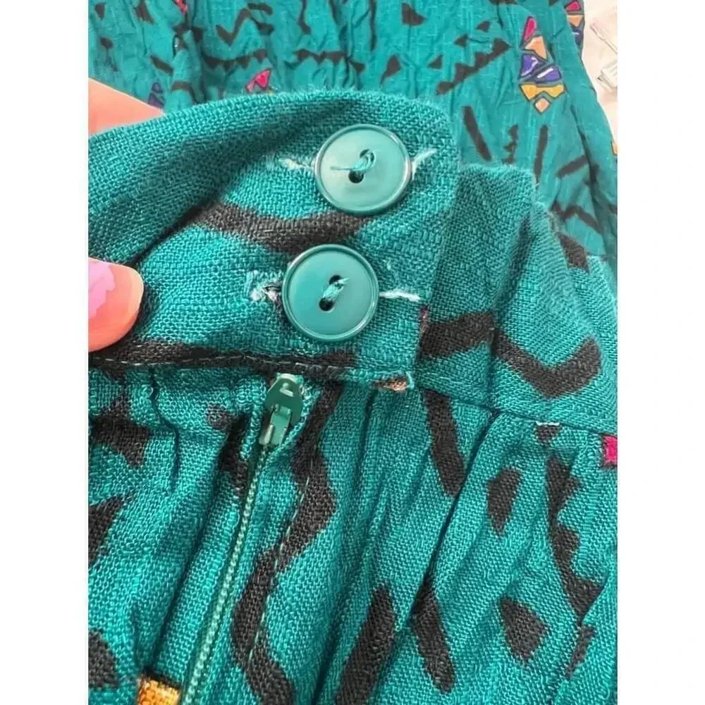 Vintage 90s Teal Abstract‎ Maxi Skirt High Waist Art Geometric Boho Womens 5